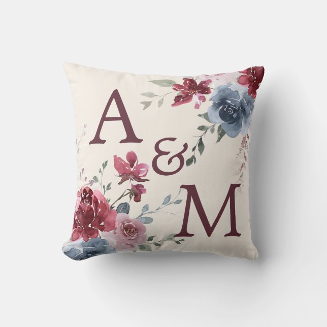 Coussin Monogrammes Initiales Dusty Rose bleu floral ivoir (Recto)
