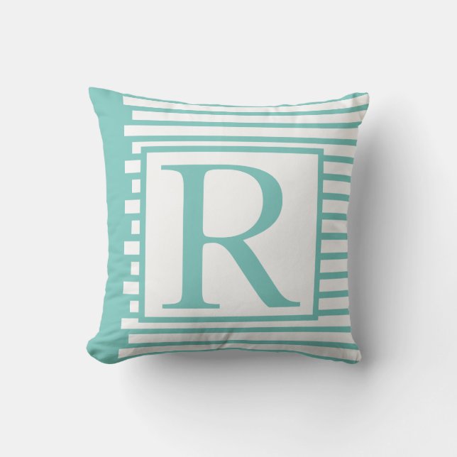 Coussin Monogrammes Turquoise Bleu Blancs Paraphe Nom (Recto)