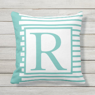 Coussin Monogrammes Turquoise Bleu Blancs Paraphe Nom