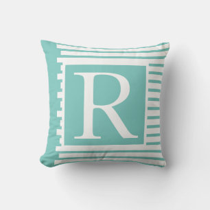 Coussin Monogrammes Turquoise Bleu Bleu Blancs Nom Cadeau 