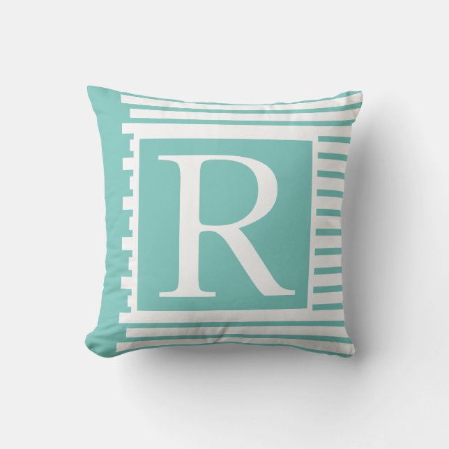 Coussin Monogrammes Turquoise Bleu Bleu Blancs Nom Cadeau  (Recto)