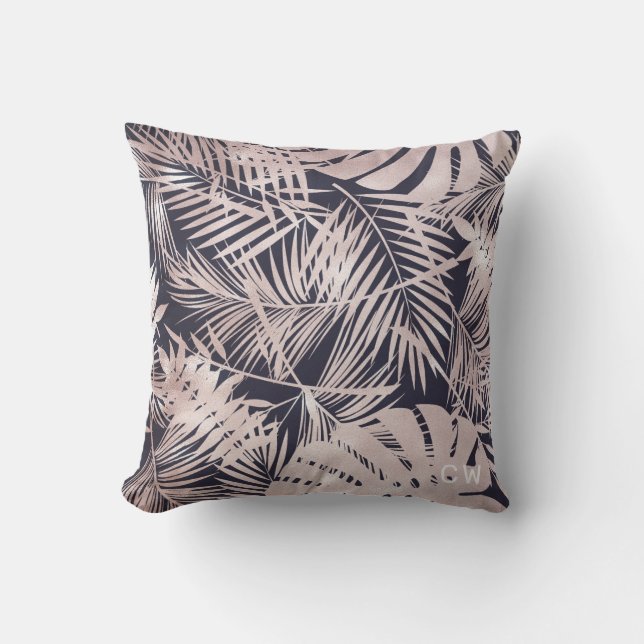 Coussin Monographie de feuillage tropical rose d'or (Recto)