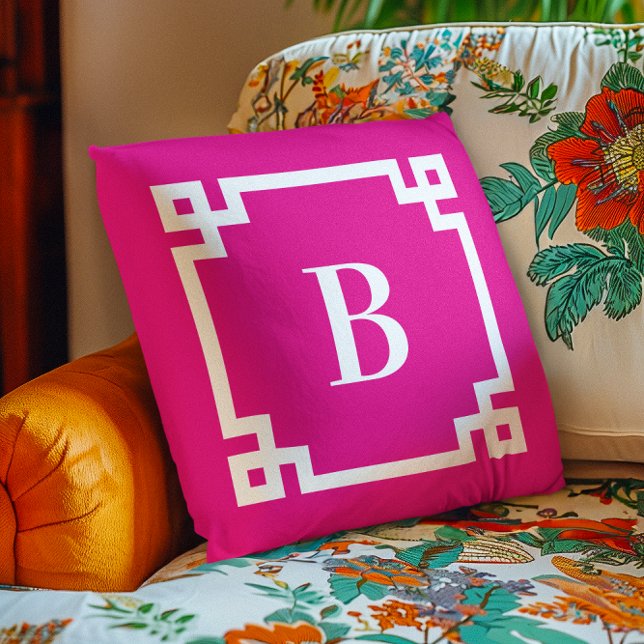 Coussin Monographie de la bordure de clé grecque rose chau (Hot Pink Greek Key Border Monogram Outdoor Pillow)