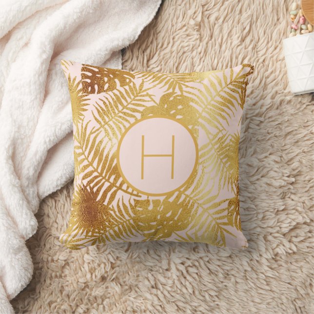 Coussin Monographie feuille de palmier tropical d'or rose  (Couverture)