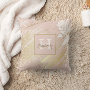 Coussin Monographie feuille en or blanc rose