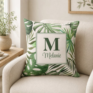 Coussin Monstera Tropical Nom et Initiale Personnalisés