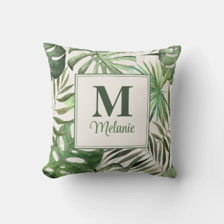 Coussin Monstera Tropical Nom et Initiale Personnalisés