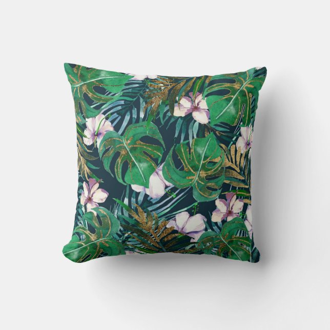 Coussin Monstre d'or Tropical Green Lilac Feuilles Floral (Recto)