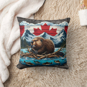 Coussin Montagne de neige, castor, Canadian Pride