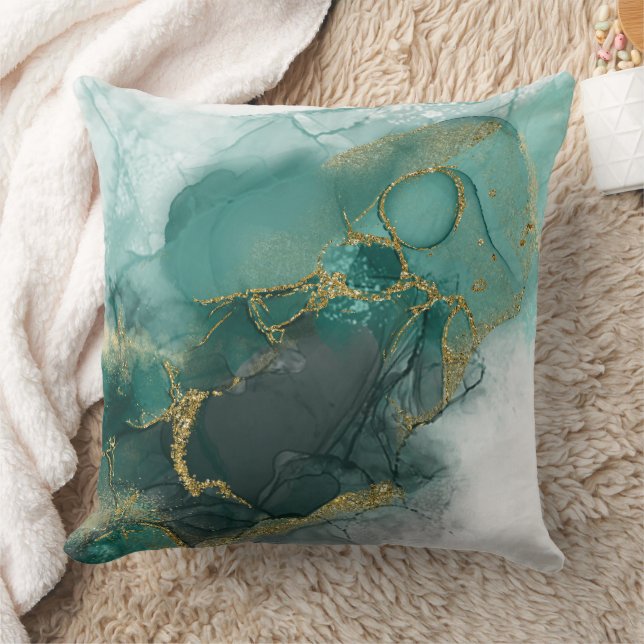 Coussin Moody Ink Emerald Gold Abstrait Wht ID988 (Couverture)