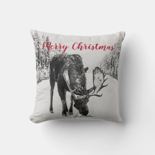 Coussin Moose En Hiver Sur La Route Des Neiges Noël (Recto)