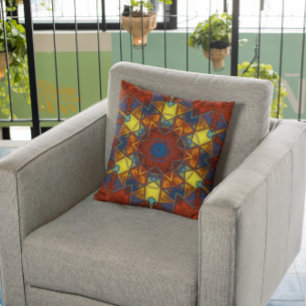 Coussin Mosaic Mandala Flower rouge jaune et bleu
