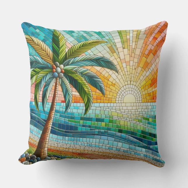 Coussin Mosaic Tropical Beach Sunset Palm (Recto)