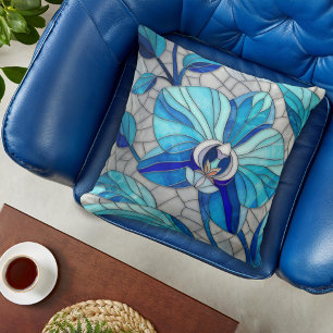Coussin Mosaïque de fleurs d'orchidées bleues