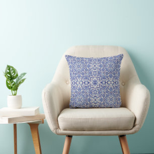 Coussin mosaïque de fleurs marocaines andalouses bleues