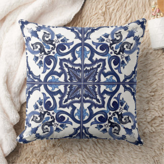Coussin Mosaïque de majolique sicilienne bleue et blanche 