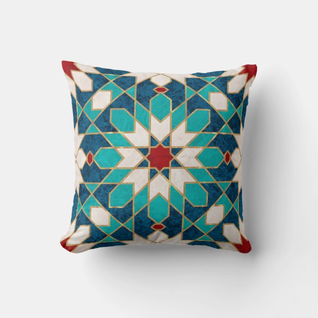 Coussin Mosaïque marocaine de marbre blanc Turquoise bleu  (Recto)