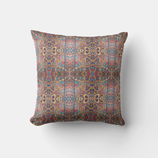 Coussin mosaïque marocaine or rouge turquoise art géométri (Recto)
