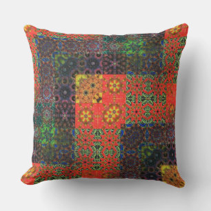 Coussin Mosaïque vert vieilli et corail à brun kaléidoscop