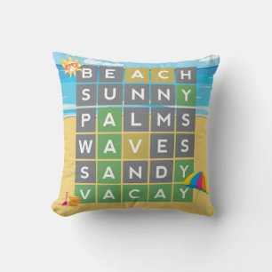 Coussin Mot de plage Art Vacances été Mot Puzzle