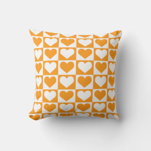 Coussin Motif à coeurs en damier - Orange et Blanc 