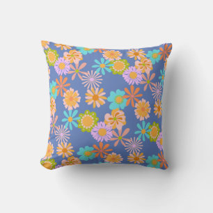 Coussin Motif à fleurs Hippie rétro en bleu