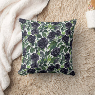 Coussin Motif à l'aquarelle de roses noires à feuilles ver