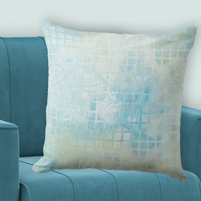 Coussin Motif Abstrait À damiers Seafoam (Pillow featuring a checkered pattern in turquoise blue, off white and pale green - beach house)