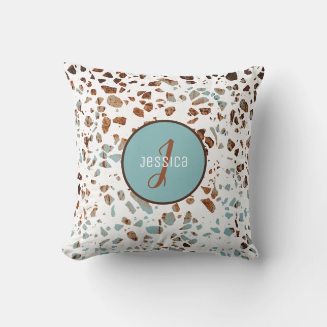 Coussin Motif Abstrait customisé Terrazzo Brown et bleu (Recto)