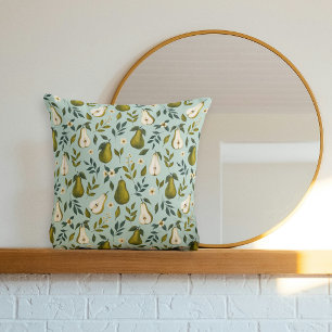 Coussin Motif aquarelle de poire verte sur bleu poussiéreu