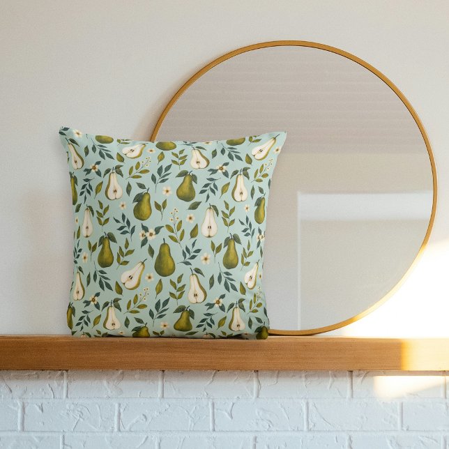 Coussin Motif aquarelle de poire verte sur bleu poussiéreu (Créateur téléchargé)