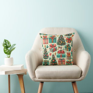 Coussin motif artistique sapins et cadeaux de Noël
