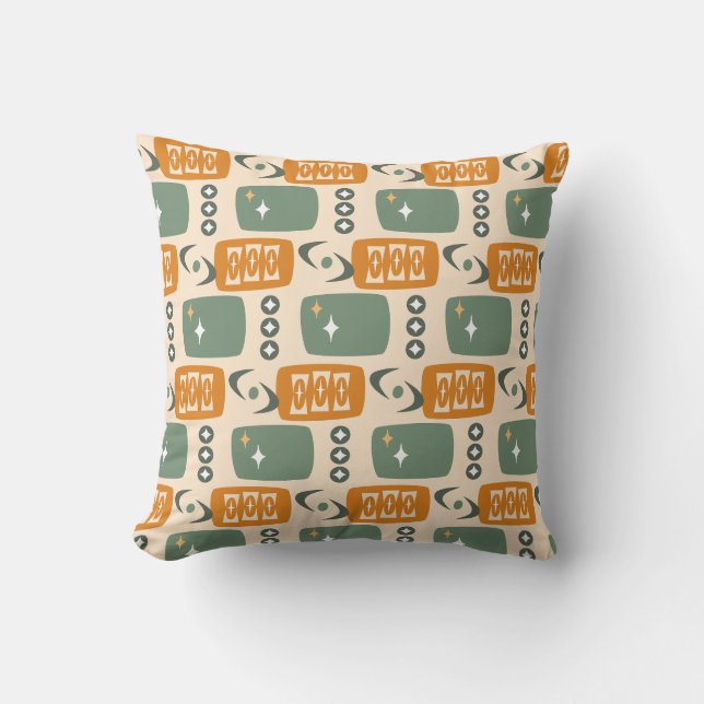 Coussin Motif atomique du milieu du siècle en vert, orange (Recto)