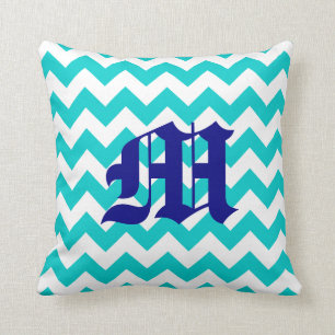 Coussin Motif blanc Aqua Zigzag avec Monogramme