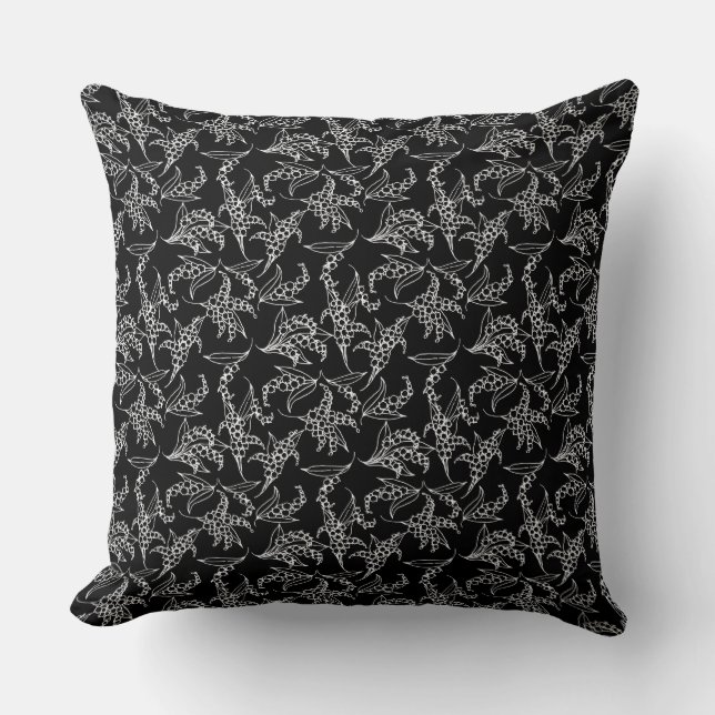 Coussin Motif blanc Lilies-of-the-Valley sur noir (Recto)