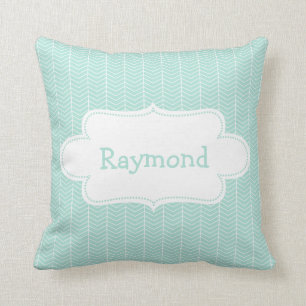 Coussin Motif bleu-clair de Chevron avec l'étiquette