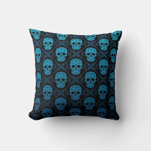 Coussin Motif bleu et noir de crâne de sucre (Recto)