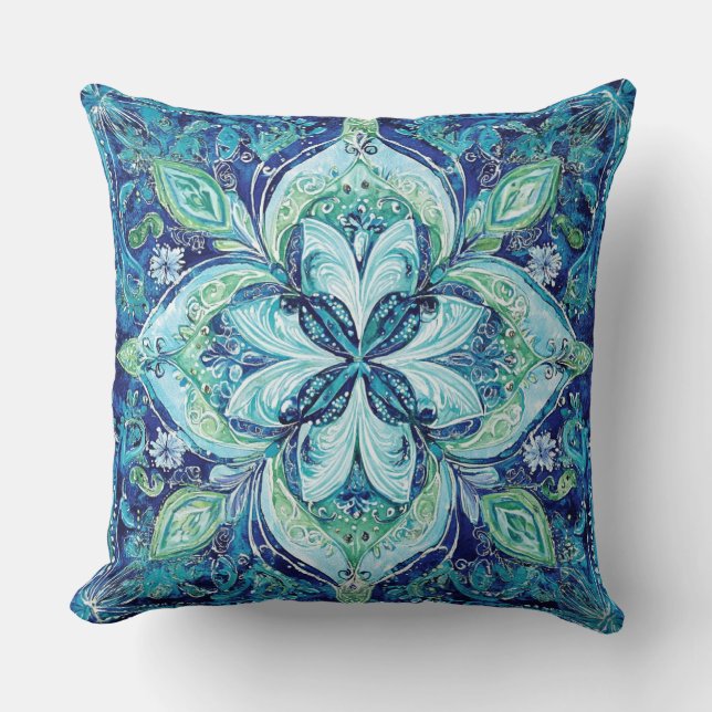 Coussin Motif bohémien de Mandela Navy bleu émeraude vert (Recto)