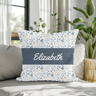 Coussin Motif botanique à l'aquarelle bleue avec nom perso