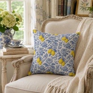 Coussin Motif botanique de citron bleu vintage