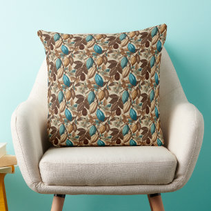 Coussin Motif Cacao Turquoise Brun Doré