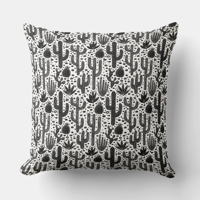 Coussin Motif Cactus - noir et blanc (Recto)