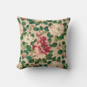 Coussin Motif Camélia Japonais. Rose foncé sur beige