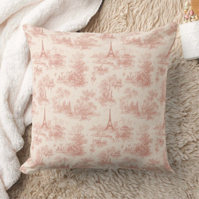 Coussin Motif Campagnard Toile de Jouy Rose Romantique (2) (Couverture)