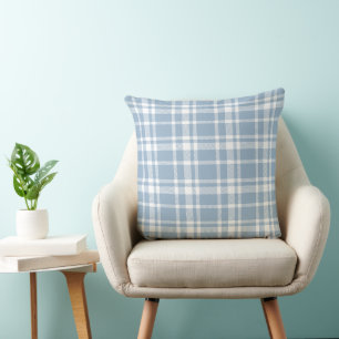 Coussin Motif carreaux tartan bleu poussiéreux blanc