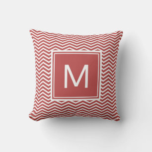 Coussin Motif chevron rouge aurore moderne avec monogramme