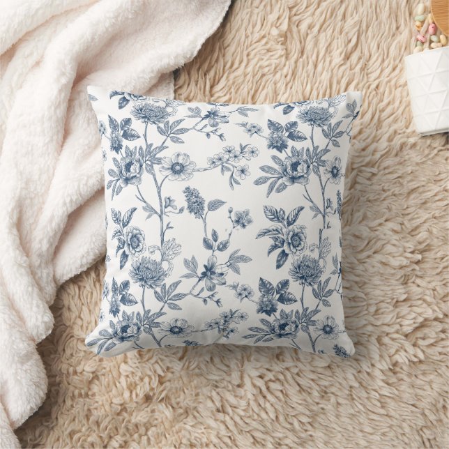 Coussin Motif Classique de Fleur Bleue Esquisse  (Couverture)