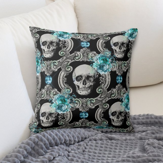 Coussin Motif crâne bleu floral (Créateur téléchargé)