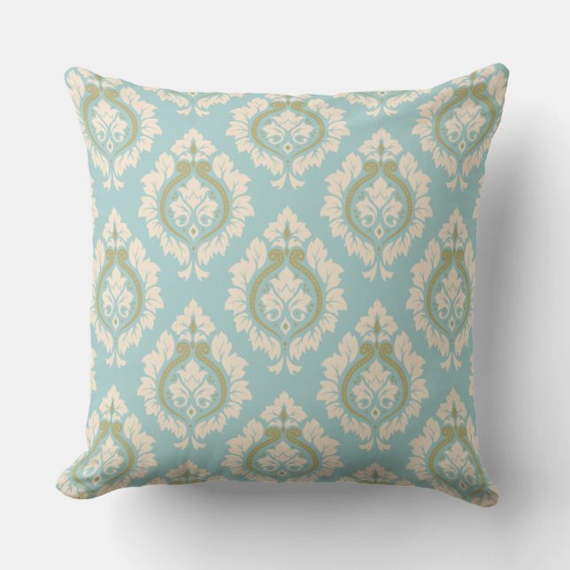 Coussin Motif Damas décoratif - Crème & Or sur Bleu (Recto)