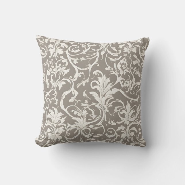 Coussin Motif Damas sophistiqué en blanc avec vignes (Recto)